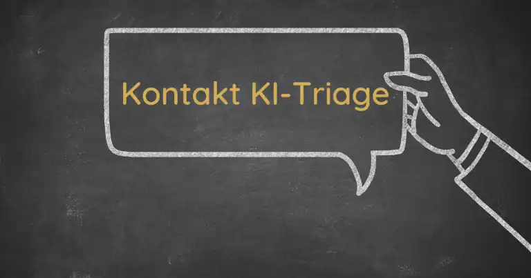 Kontakt KI Triage – gelbe Schrift in Sprechblase auf Kreidetafel, gehalten von gezeichneter Hand