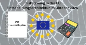 Illustration zur Fiskalzwang Debatte: Spinnennetz mit EU-Flagge, Haushaltsplan und Rechner—Metapher für fiskalische Steuerung