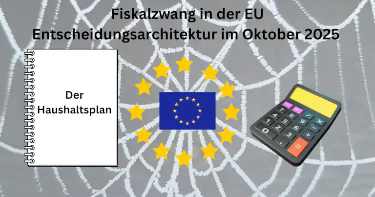 Illustration zur Fiskalzwang Debatte: Spinnennetz mit EU-Flagge, Haushaltsplan und Rechner—Metapher für fiskalische Steuerung
