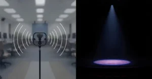 Geopolitische Verweigerung: Mikrofon mit Echo und leere Bühne im Spotlight—Metapher für asymmetrische Kommunikation.