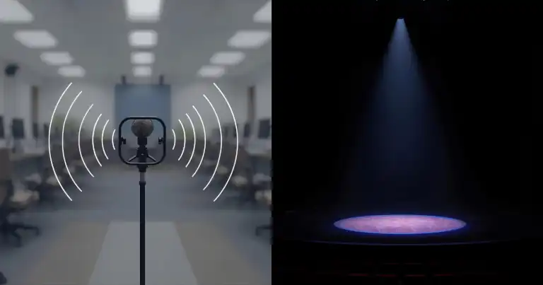 Geopolitische Verweigerung: Mikrofon mit Echo und leere Bühne im Spotlight—Metapher für asymmetrische Kommunikation.