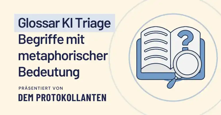Glossar KI Triage: Offenes Buch mit Lupe und Fragezeichen—visualisiert redaktionelle Begriffe mit metaphorischer Bedeutung.