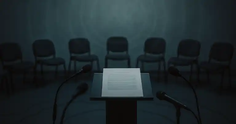 Leerer Konferenzraum mit Podium und Mikrofonen—symbolisiert Schwachstelle im semantischen Rückkanal nach Resilienzbericht.