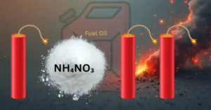 ANFO visuell. Dynamit, NH₄NO₃ und Heizöl. Symbol für Geopolitisches Triage und semantische Eskalation am 10.11.