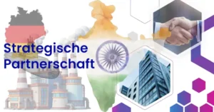 Karte, Industrie und Handschlag symbolisieren die Deutschland-Indien-Partnerschaft in den Bereichen Technik und Verteidigung.