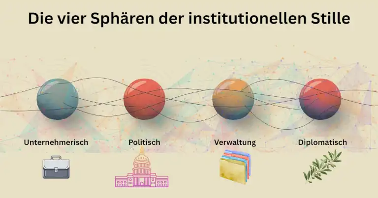 Vier Sphären zeigen Rückmeldeverzug in Wirtschaft, Politik, Verwaltung und Diplomatie, verbunden durch stille Linien.