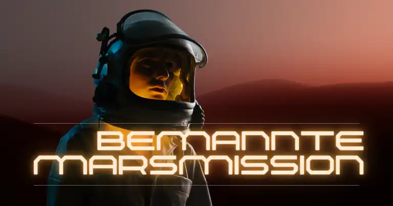 Astronaut vor neuer Marskulisse, nach links gewandt, als visuelle Darstellung der Risiken und Grenzen einer bemannten Marsmission.