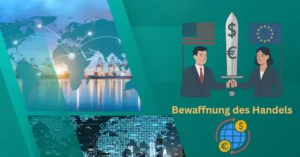 Bewaffnung des Handels: USA und EU halten ein Schwert mit Dollar- und Euro-Symbolen über globalem Handelsnetz.