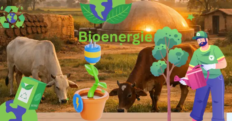 Biogasanlage mit Kühen auf einem Bauernhof, kombiniert mit Symbolen für Nachhaltigkeit und Bioenergie in einer ländlichen Umgebung.