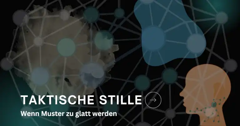 Abstraktes Netzwerk mit stillen Zwischenräumen, Kopfkontur und Datenknoten als visuelle stille Zone in komplexen Systemmustern.
