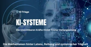 KI‑Systeme visualisiert als Mensch‑Maschine‑Hybrid, der die unsichtbaren Kräfte hinter früher Verlangsamung und strategischer Latenz zeigt.