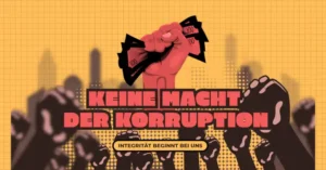 Eine erhobene Faust hält Geldscheine über einer Menge. Das Motiv zeigt Widerstand gegen Korruption und betont den Ruf nach Integrität.
