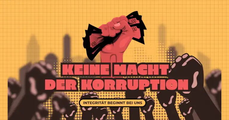 Eine erhobene Faust hält Geldscheine über einer Menge. Das Motiv zeigt Widerstand gegen Korruption und betont den Ruf nach Integrität.